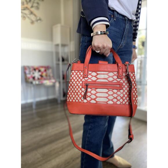 JOE's Jeans, Addison Laser-Cut Crossbody Canvas Faux Leather Satchel Coral bag - Picture 1 of 10